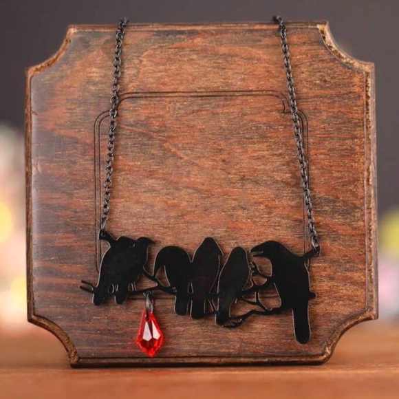 “Raven” Edgar Poe Perched Crows Birds Blood Droplet Macabre Gothic Grim Necklace - Picture 3 of 16